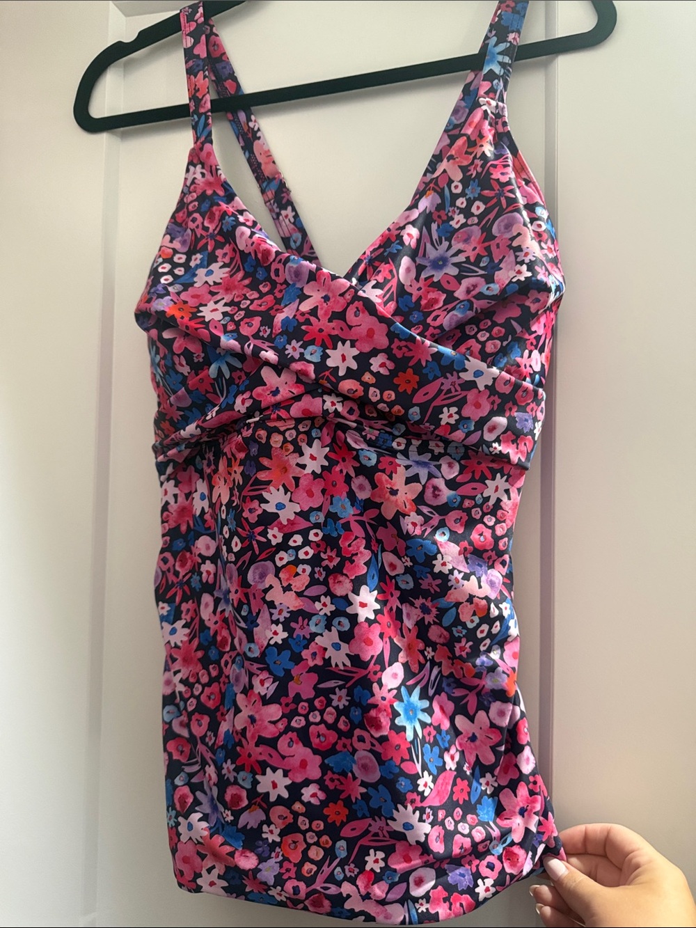 Floral V-Neck Tankini Top - Pink & Blue